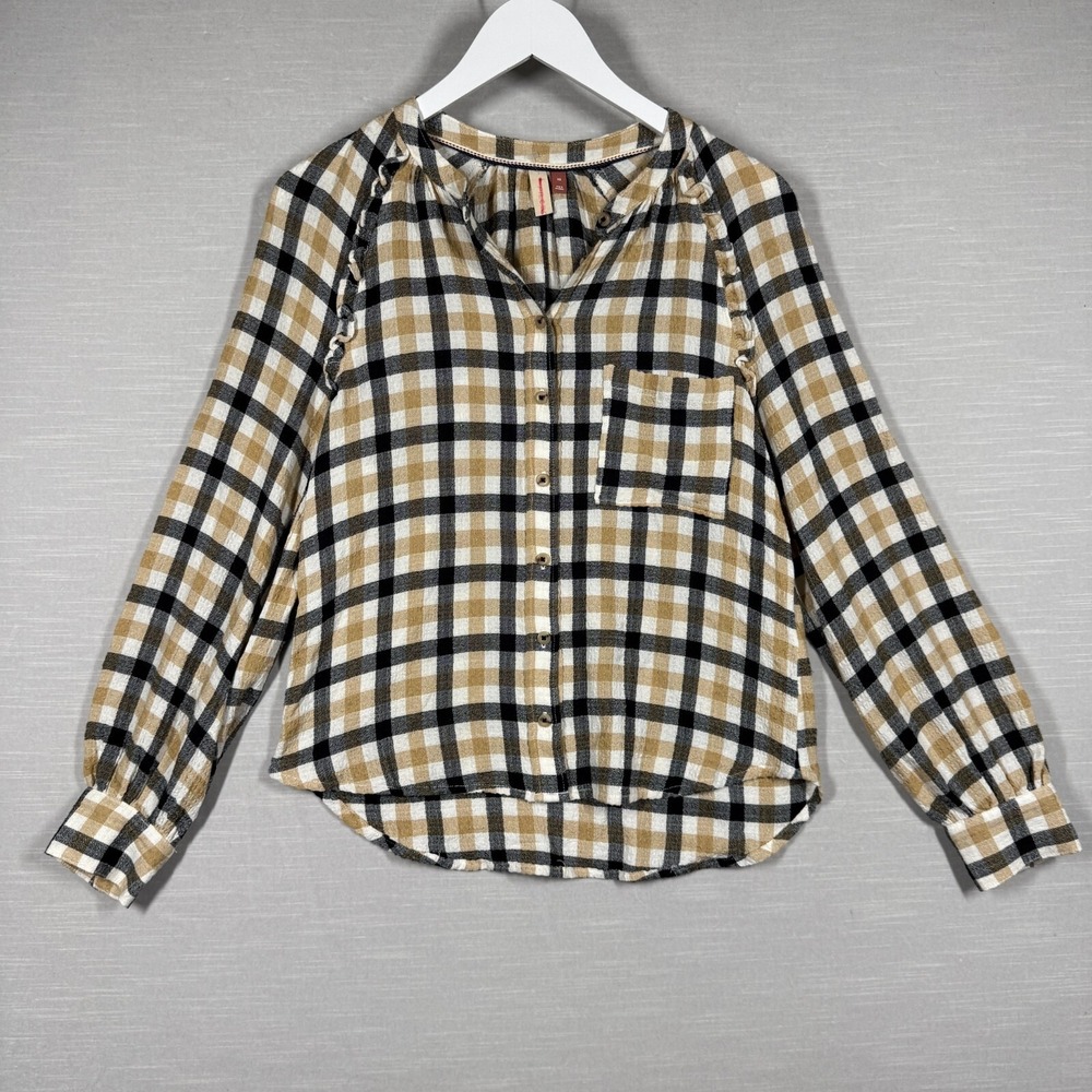 Anthropologie Pilcro Top Womens XS Yellow Black Plaid Casual Ruffles Buttondown